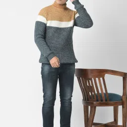 Crimsoune Club Kids Mustard & Grey Color Block Full Sleeves Sweater image 5