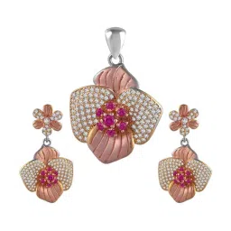 Rihi by P.C. Chandra Jewellers Petal With Pink Stone Flower Pendant And Earring Set (Without Chain) image 1