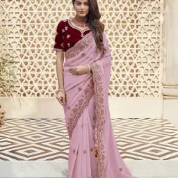 Odette Light Pink Georgette Embroidered Saree With Unstitched Blouse image 1