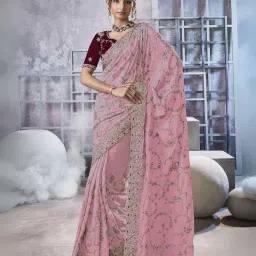 Odette Pink Georgette Embellished Saree With Unstitched Blouse image 1