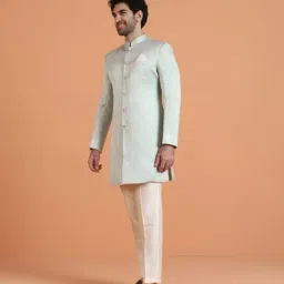 KISAH Green Jacquard Regular Fit Sherwani With Trousers Set image 4