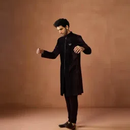 KISAH Wine Velvet Solid Regular Fit Sherwani With Trousers Set image 4