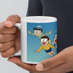 Mr UVD White & Blue Doraemon Printed Ceramic Glossy Mug - 350 ml image 3