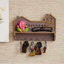eCraftIndia Brown & Pink Wooden 5-in-1 Hook 'Sweet Home' Keyholder With Shelf image 2