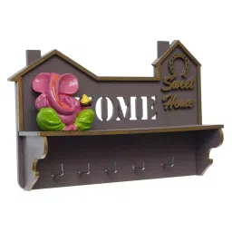 eCraftIndia Brown & Pink Wooden 5-in-1 Hook 'Sweet Home' Keyholder With Shelf image 5
