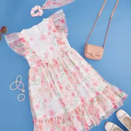 Pantaloons Junior White & Pink Floral Print Dress-image-39