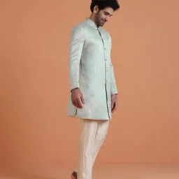 KISAH Green Jacquard Regular Fit Sherwani With Trousers Set image 3