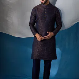 Inddus Floral Embroidered Sequinned Jacquard Weave Stright Kurta With Trousers-picture-30