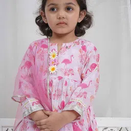 Little Bansi Girls Floral Printed Cotton A-Line Kurta with Sharara & Dupatta image 4