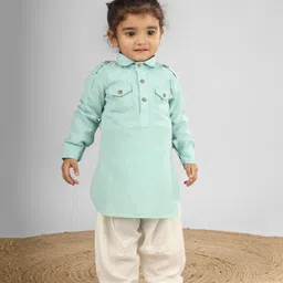 Polka Tots Full Sleeves Abstract Design Printed Pathani Set - Aqua Blue-picture-21