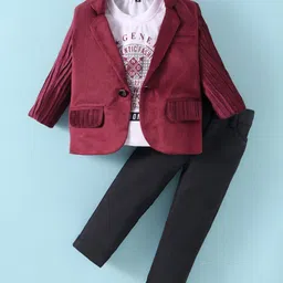 Robo Fry Knit Full Sleeves Blazer With Text Printed T-Shirt & Trouser Set - Maroon-picture-22