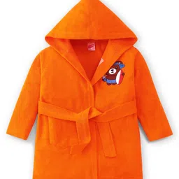 Babyhug Velour Knit Full Sleeves Bath Robe With Bear Embroidery - Orange image 1