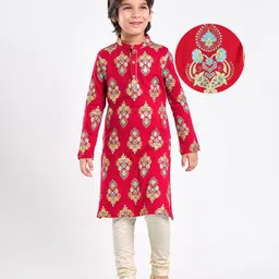 EARTHY TOUCH Single Jersey Knit Full Sleeves Printed Kurta Pajama Set - Red & White-picture-10