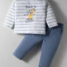 ToffyHouse Cotton Knit Full Sleeves Striped T-Shirt & Woven Corduroy Pants Set With Cute Animals Embroidery - White & Blue-picture-35