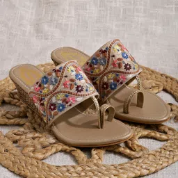 Shoetopia Floral Embroidered Espadrille Wedge Heel Sandals - Golden-picture-28