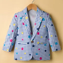 Rikidoos Full Sleeves Gingham Checked & Stars Printed Blazer - Light Blue-picture-11