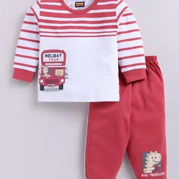 Nottie Planet Cotton Knit Full Sleeves Placement Striped & Bus Printed Tee With Joggers Set - Rust-picture-18