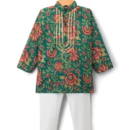 TEENTAARE Cotton Woven Full Sleeves Kurta Pajama Set With Floral Print - Green-picture-29