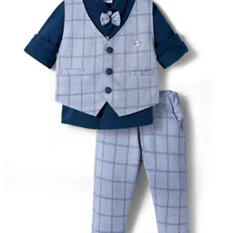 Mini Taurus Sinker Knit Full Sleeves Checkered 3 Piece Party Suit with Bow Applique - Navy Blue-picture-35