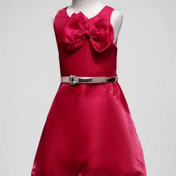 arias by lara dutta Arias Woven Sleeveless Balloon Hem Party Dress With Bow Applique & Belt - Red image 2
