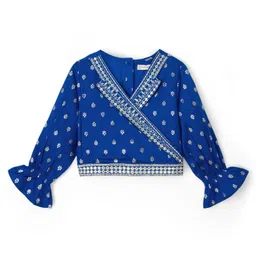 EARTHY TOUCH Woven Full Sleeves Lehenga Choli Set With Foil Floral Print & Dupatta - Blue image 3