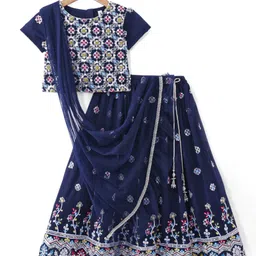 Babyhug Woven Half Sleeves Choli Lehenga & Dupatta Set With Sequin Embroidery & Tassel Detailing - Navy Blue image 5