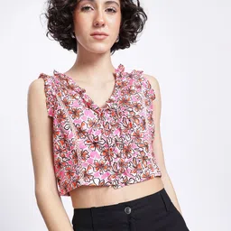 DressBerry Floral Blooms Ruffled Button Front Crop Top image 2