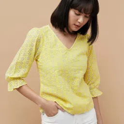 Code by Lifestyle Yellow Cotton Embroidered Top image 1