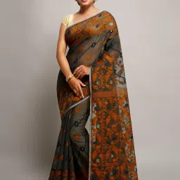 Bengal Handloom Black & Orange Art Silk Jamdani Saree Without Blouse image 1