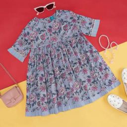YU by Pantaloons Kids Blue & Pink Cotton Floral Print Dress-picture-16