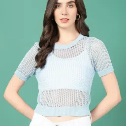 showoffff SHOWOFF Blue Self Design Crop Top image 1