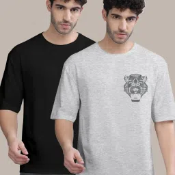 Bullmer White Melange & Black Cotton Oversized Fit Printed T-Shirt - Pack Of 2 image 1