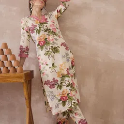 Indo Era Women Floral Printed Regular Pure Cotton Kurta with Trousers-picture-30