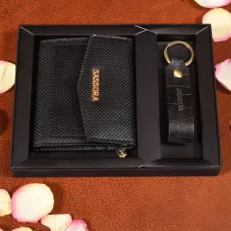 Sassora Black Small Leather Wallet With Keychain Gift Set (Pack Of 2) image 1