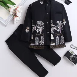 Fourfolds Kids Black Embroidery Three Piece Suit Set image 1