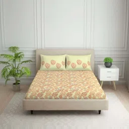 Spaces Tropica Light Yellow & Red 100% Cotton 132 TC Double Bedsheet with 2 Pillow Covers image 1