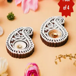 eCraftIndia Buta Paisley Shape Wooden Block Print Decorative T Light Holders,Set of 4 image 1