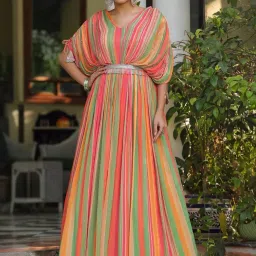 Scakhi Green Chinon Silk Candy Striped Poncho Gown With Belt image 1