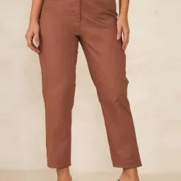 VIRGIO Brown Regular Fit Solid Pants image 1