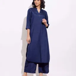 Pink Fort Blue Plain Kurta Palazzo Set image 1