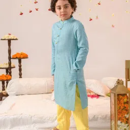 Pspeaches Boys Blue Cotton Regular Fit Embroidered Kurta Set image 1