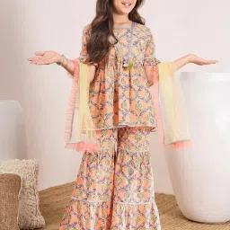 Pspeaches Girls Orange Cotton Regular Fit Printed Kurta Set image 1
