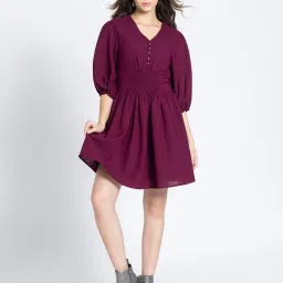 SHAYE Maroon Striped Fit & Flare Dress image 1