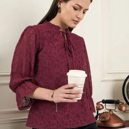 Style Quotient Women Wine With Three-Quarter Sleeves Lace Top-picture-1