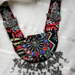 Moedbuille Crystals Studded Handwoven Antique Design Oxidised Silver Plated Tasselled Necklace image 1