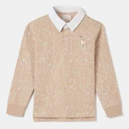 Blue Giraffe Boys Beige Cotton Printed Full Sleeves Tshirt image 1