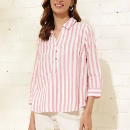 Fabindia White & Pink Cotton Striped Top image 1