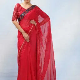 MAHALASA Red Embellished Saree With Unstitched Blouse image 1