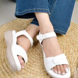 Shoetopia Women's White Ankle Strap Wedges image 1