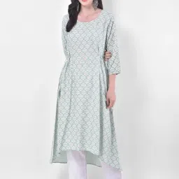 Span Grey & Green Cotton Printed A Line Kurta image 1